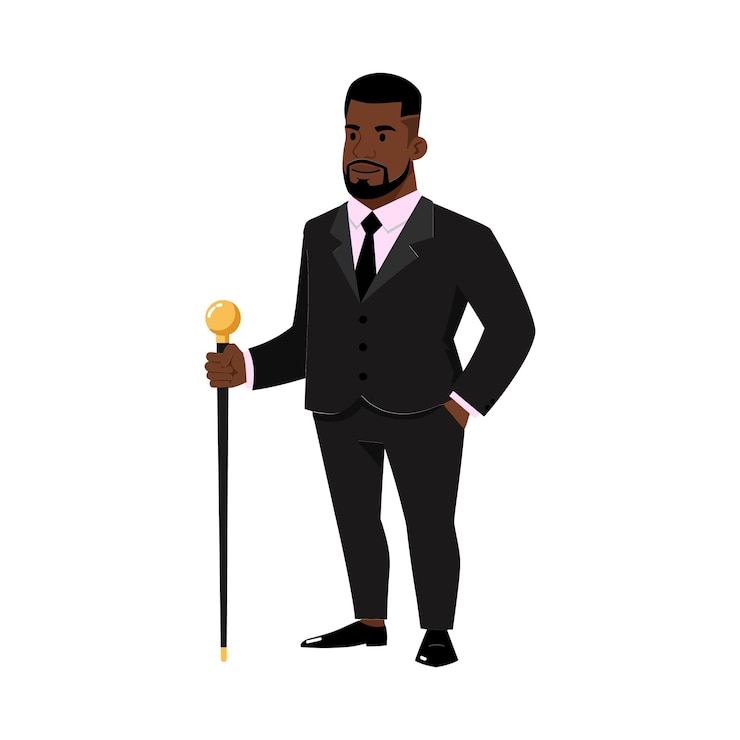 Wektor pewny siebie mężczyzna w stylowym czarnym garniturze z laską pokazującym elegancję w minimalnej ilustracji wektorowej