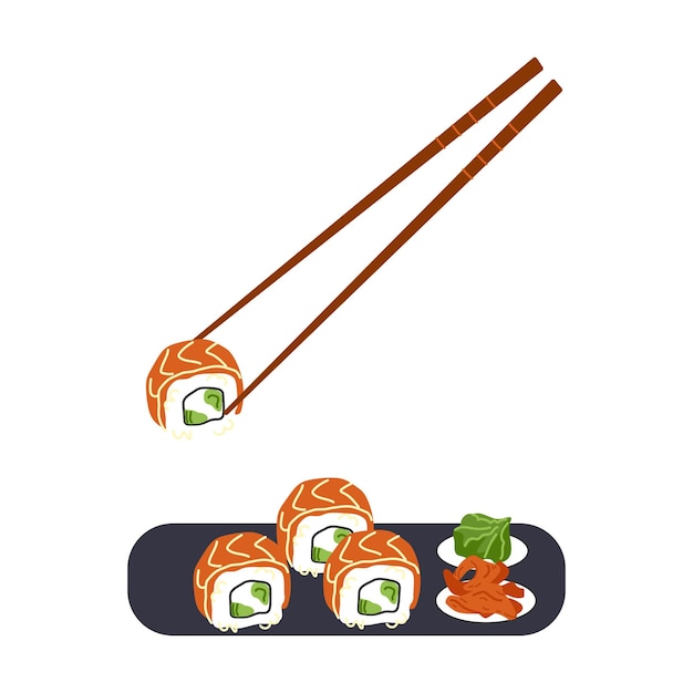 Philadelphia bułki z łososiem i ogórkami Asianfood Ręcznie rysowana ilustracja Pojedynczo na białym