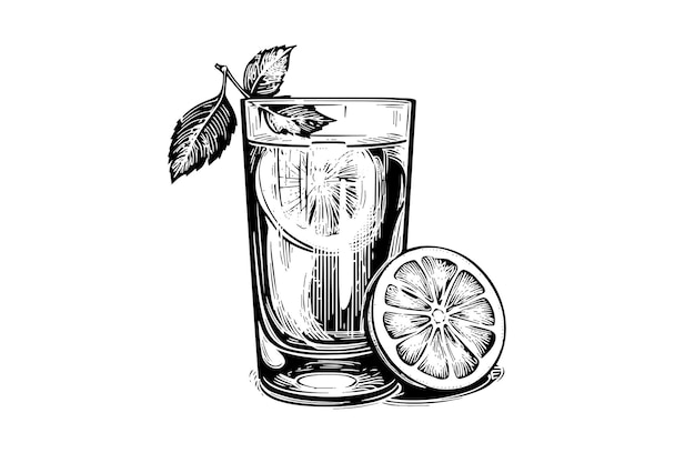 Pić lemoniadę z cytryną i miętą ręcznie rysowane grawerowanie ilustracji wektorowych styl