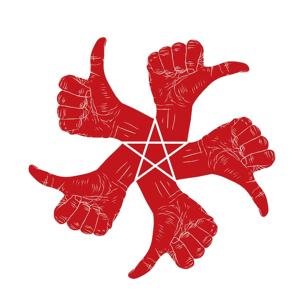 Plik wektorowy pięć kciuków w górę w okrągłym abstrakcyjnym symbolu z pięciokątną gwiazdą, czarnym i białym wektorowym specjalnym emblematem z ludzkimi rękami.