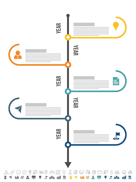 Pięć Kroków, Rozkład Timeline Infographics Z Zestawem Ikon, W Wersjach Czarno-białych I Kolorowych.