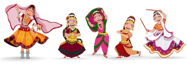Plik wektorowy pięć tancerek klasycznych z różnych stanów indii wystąpiło na białym tle