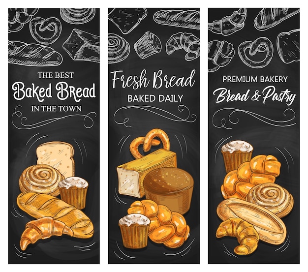 Plik wektorowy piekarnia chleb cukiernia bułeczki szkic banery