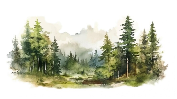 Wektor piękna abstrakcyjna sosna w lesie krajobraz akwarelowy pędzel z izolowanym białym tłem ilustracja wektorowa dla zaproszenia ślubnego rsvp tapeta plakat banner itp