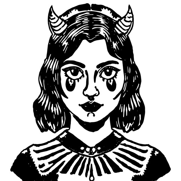 Plik wektorowy piękna czarownica z płynnymi włosami i rogiem ręcznie narysowana płaska stylowa naklejka kreskówkowa koncepcja ikony