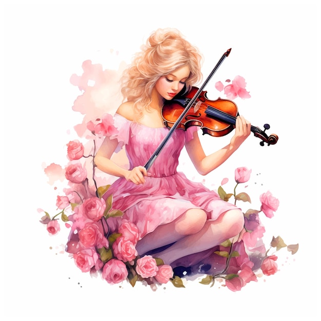 Plik wektorowy piękna dziewczyna grająca na skrzypcach w akwarelach