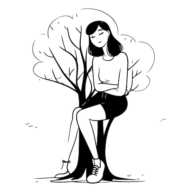 Plik wektorowy piękna dziewczyna siedząca na drzewie w stylu szkicu