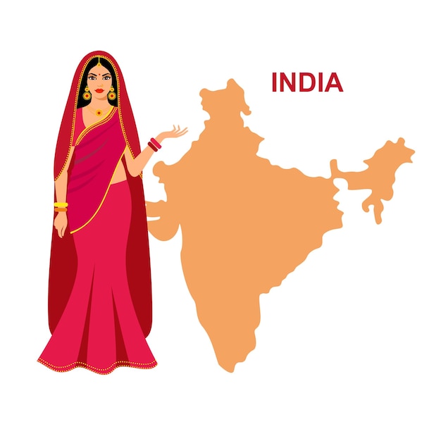 Plik wektorowy piękna dziewczyna w narodowym stroju na tle mapy indii hinduska ubrana w tradycyjny strój