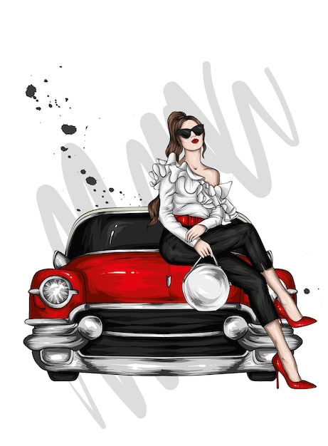 Plik wektorowy piękna dziewczyna w stylowych ubraniach i retro samochodzie