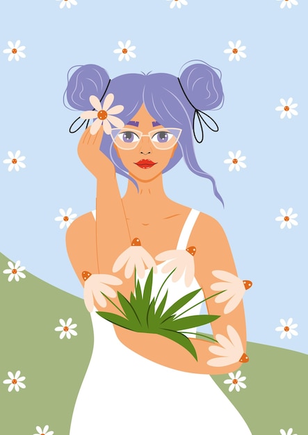 Plik wektorowy piękna dziewczyna z fioletowymi włosami trzyma bukiet stokrotek w dłoniach kobieta w okularach plakat wewnętrzny letni kwiat ilustracja