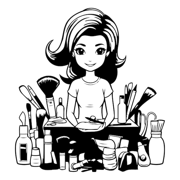 Plik wektorowy piękna dziewczyna z narzędziami makijażowymi ilustracja wektorowa kobiety z narzędziami make-up