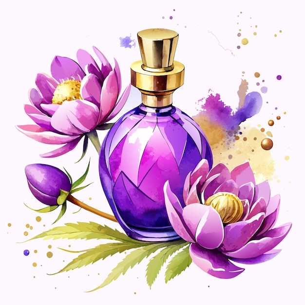 Piękna fioletowa butelka z perfumami w stylu glamour złoty błyszczący akwarelowy rysunek na białym tle
