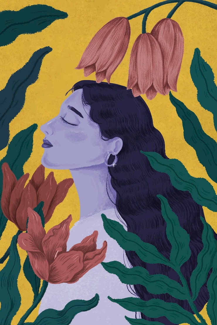 Wektor piękna fioletowa kobieta otoczona ilustracji przyrody