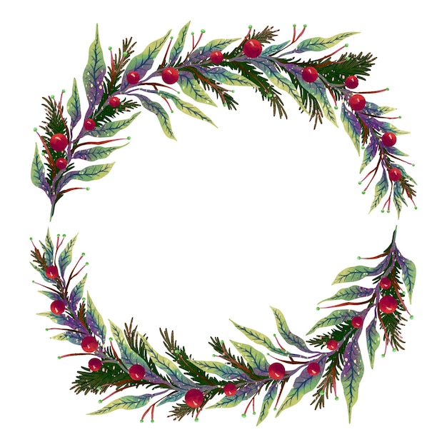 Plik wektorowy piękna ilustracja noworocznego wieńca z miękkich zielonych gałązek i liści ostrokrzewu lub choinki z czerwonymi jagodami