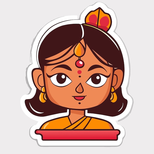Piękna Indyjska Panna Młoda Sari Portret Ręcznie Rysowane Kreskówka Naklejka Ikona Koncepcja Na Białym Tle Ilustracja