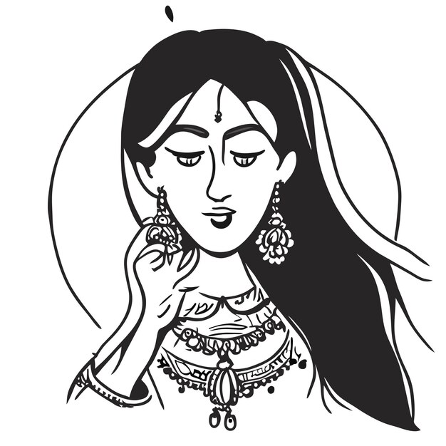 Piękna Indyjska Panna Młoda Sari Portret Ręcznie Rysowane Kreskówka Naklejka Ikona Koncepcja Na Białym Tle Ilustracja