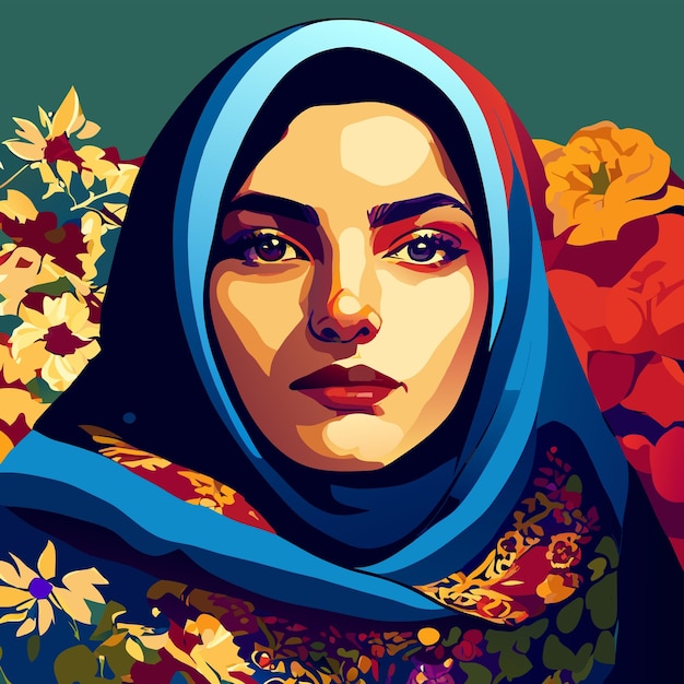 Plik wektorowy piękna irańska kobieta w hidżabie z dumnym spojrzeniem, ręcznie narysowana demonstracja na rzecz wolności kobiet