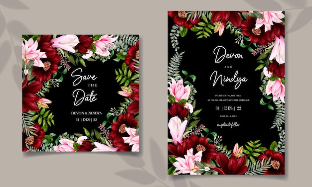Piękna Karta Zaproszenie Na ślub Z Bordową Dekoracją Kwiatową