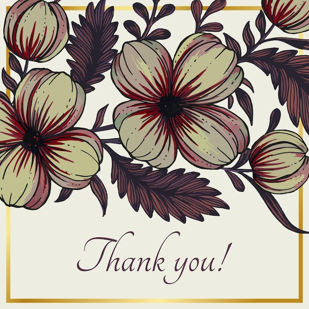 Plik wektorowy piękna kartka z podziękowaniami z kompozycją ręcznie rysowanych kwiatów i złotą ramką