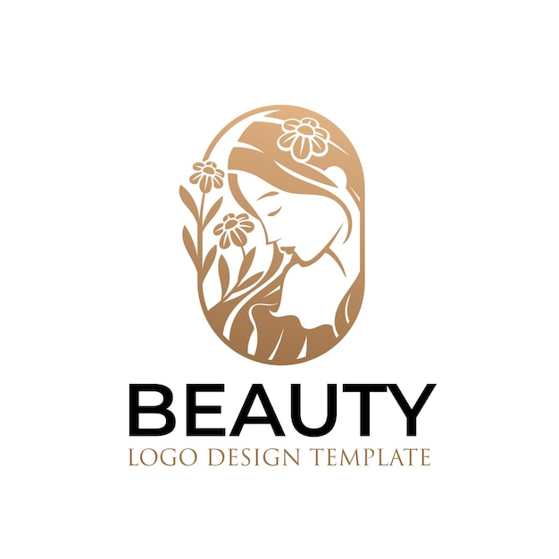 Plik wektorowy piękna kobieta logo ze złotymi liśćmi i kwiatami