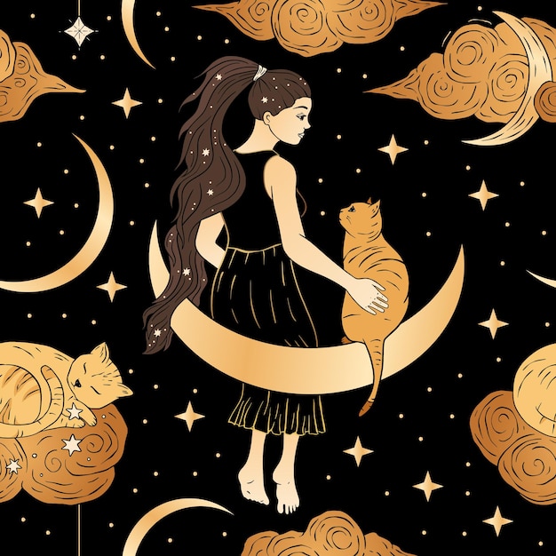 Plik wektorowy piękna kobieta siedząca na księżycu magia niebiańska złota bezszwodowa astrologia wzór fantazja tło