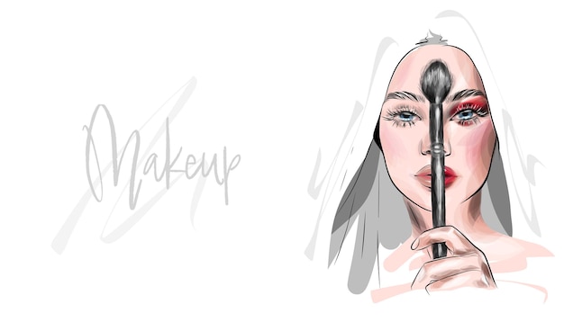 Piękna kobieta twarz makijaż wektor ilustracja moda. Ręcznie rysowane szkic sztuki linii dla kosmetyków