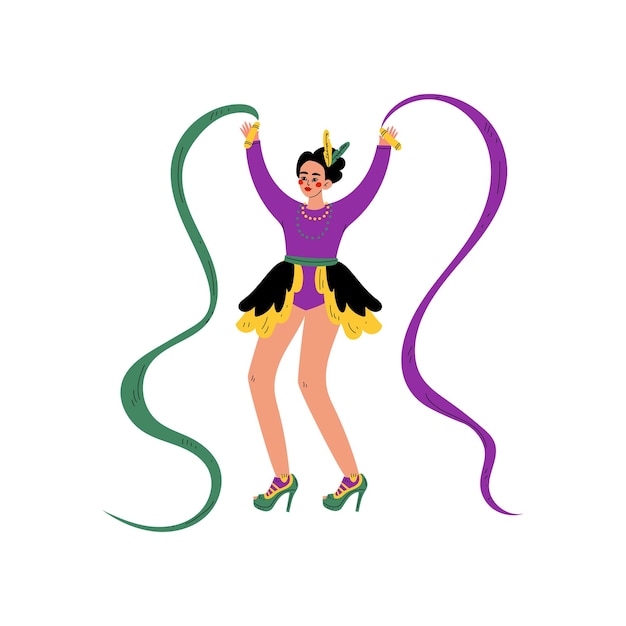 Piękna Kobieta W Jasnym Kostiumie Mardi Gras świętuje Karnawałową Imprezę Dziewczyna Tańcząca Ze Wstążkami Ilustracja Wektorowa Na Białym Tle