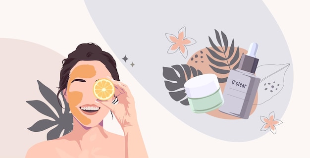 Piękna kobieta z maską na twarz i pomarańczowym kawałkiem ilustracji produktu do pielęgnacji skóry z liśćmi