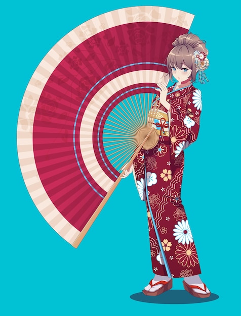 Piękna manga młoda kobieta w kimono trzymająca papierowy wentylator