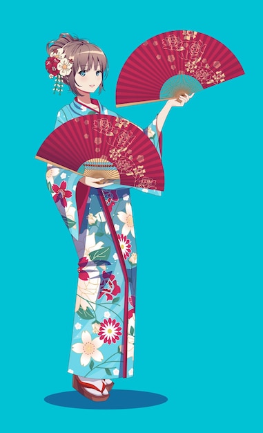 Piękna manga młoda kobieta w kimono trzymająca papierowy wentylator