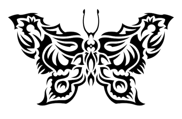 Plik wektorowy piękna monochromatyczna ilustracja tatuażu plemiennego z czarną dekoracyjną sylwetką motyla na białym tle