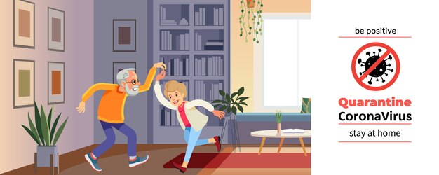 Piękna para starszych tańczy i uśmiecha się podczas kryzysu koronawirusowego. Covid-19 lub koronawirus. Kwarantanna. Koncepcja zostań w domu. Ilustracja kreskówka