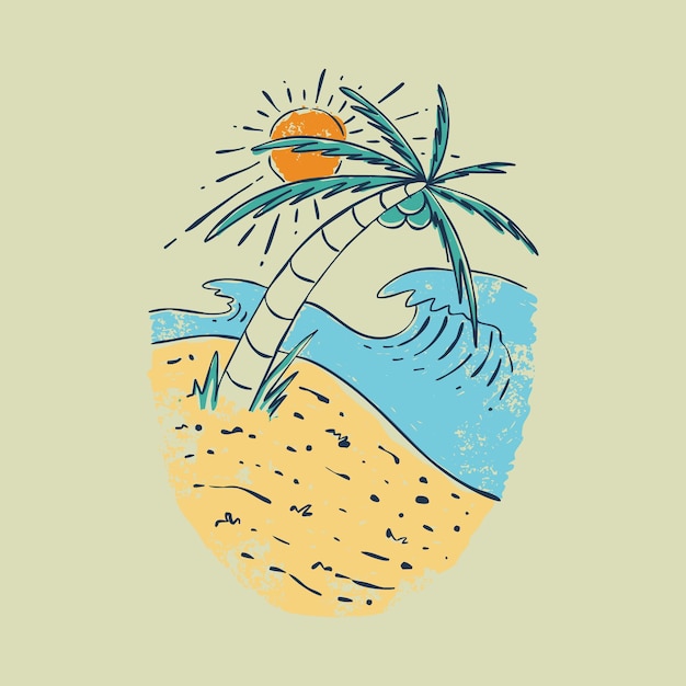 Piękna Plaża Z Dobrą Falą I Zachodem Słońca Grafiką Ilustracyjną Projekt Koszulki Wektorowej