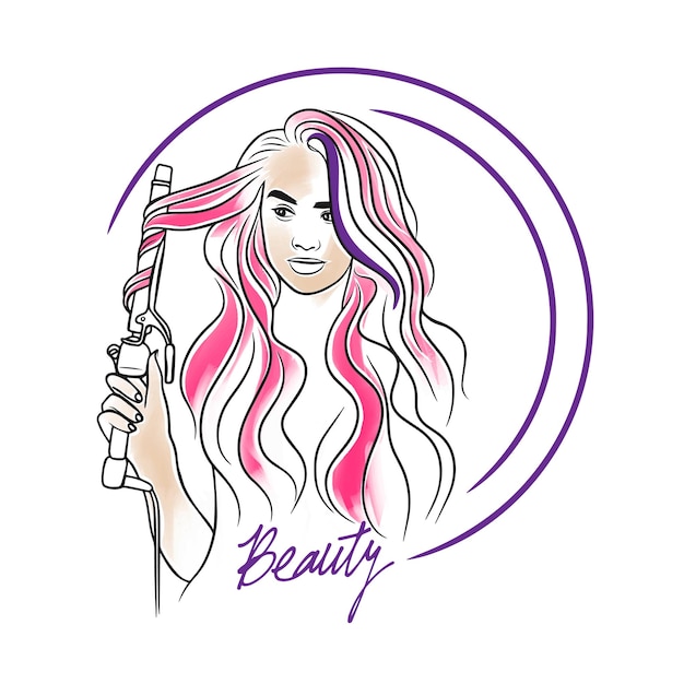 Plik wektorowy piękna ręka napis piękna dziewczyna stylista włosów długie loki narzędzia do włosów