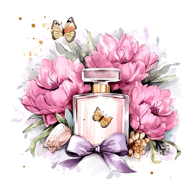 Piękna różowa butelka z perfumami z różami w stylu glamour złoty błyszczący akwarel ilustracja na białym tle