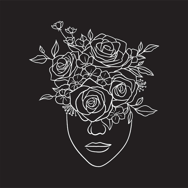 Piękna Twarz Kobiety Z Czarno-białymi Ilustracjami Kwiatów Na Czarnym Tle