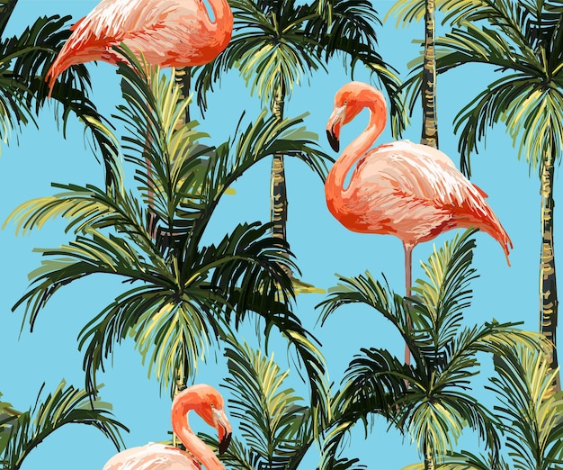 Plik wektorowy piękne bezszwowe tło wzór kwiatowy lato z palmami i różowym flamingiem