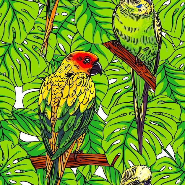 Piękne Bezszwowe Tło Z Kolorowymi Papugami I Zielonymi Liśćmi Palmowymi
