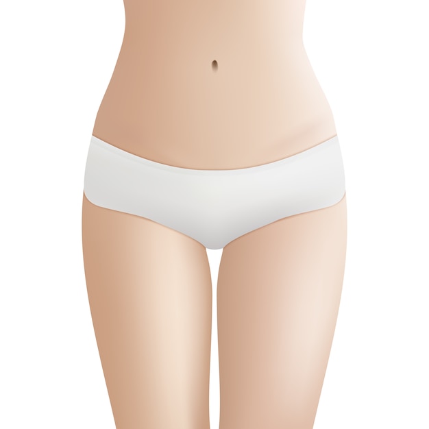 Piękne ciało kobiety w białych majtkach bikini. Realistyczny wektorowy szablon dla projekta.