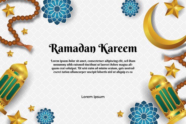 Plik wektorowy piękne dekoracje ramadanu ze złotą latarnią, półksiężycem i koralikami modlitewnymi na tle