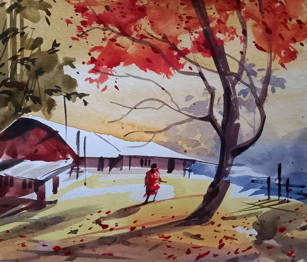 Piękne drzewo z wiejskim domem, ilustracja akwarelowa