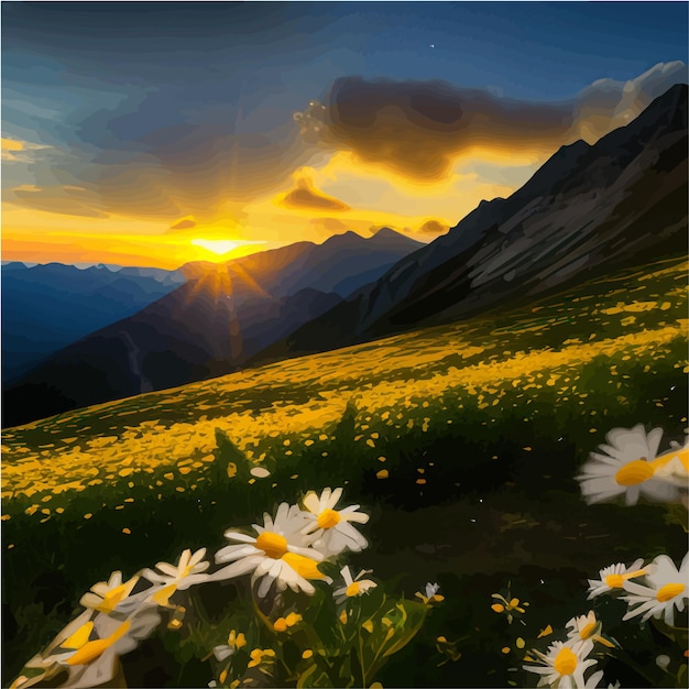 Piękne Kwitnące Białe Stokrotki Na Tle Góry I Zachód Słońca Niebo Z Chmurami Realistyczny Wektor