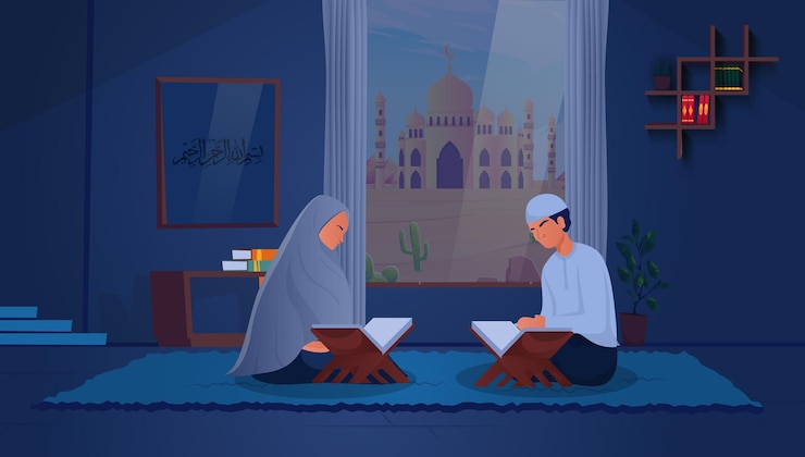 Wektor piękne pary siedzą i czytają świętą księgę koran w domu