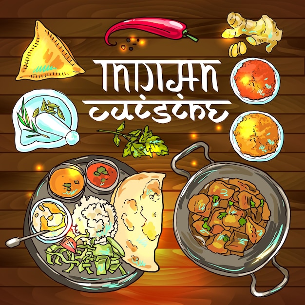 Piękne Ręcznie Rysowane Ilustracja Indyjskie Jedzenie Widok Z Góry