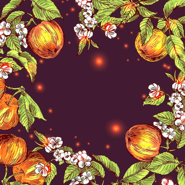 Piękne ręcznie rysowane ilustracji wektorowych szkicowania jabłek w stylu Boho kwiatowy ramki