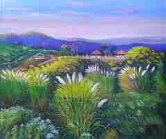 Plik wektorowy piękne saccharum spontaneum, kasztan i górski widok na przyrodę malowanie pejzaży w akrylach