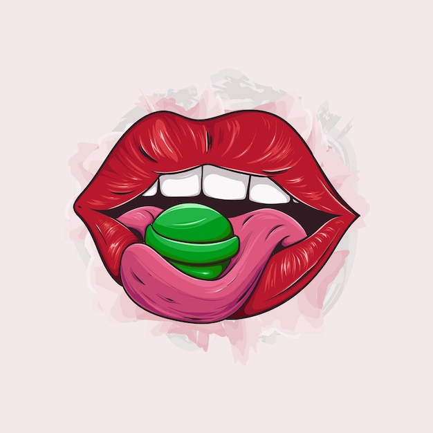 Piękne Usta Ze Słodkim Zielonym Cukierkowym Tłem Akwareli