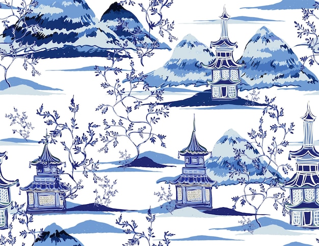Piękne vintage atrament chińskie pagody góry drzewa chinoiserie styl do projektowania wnętrz tkanin