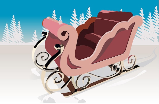 Plik wektorowy piękno wektor śnieg renifer sanie drewniane burgundy skórzane siedzenie złoto żelazne nogi jeździć sylwetka sosny