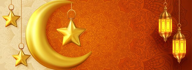 Piękny islamski baner imprezowy z wiszącymi lampionami